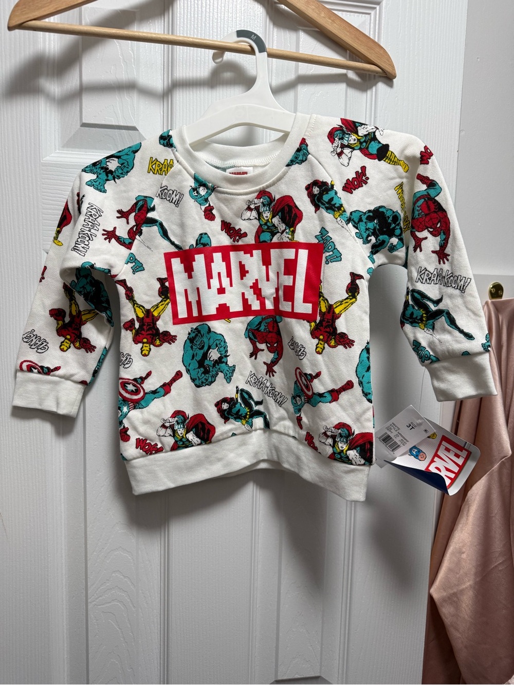 Marvel White Kids Sweatshirt with Red Logo and Multicolor Superhero Prints